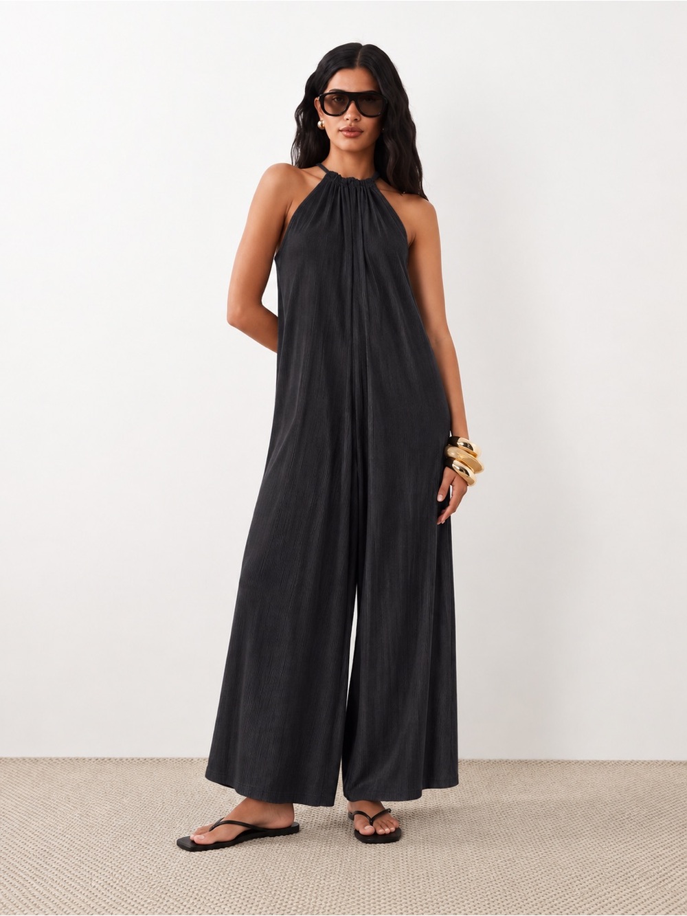 Anthropologie HD in Paris Jacenta Halter Wide Leg Ribbed Jumpsuit Black Grey
